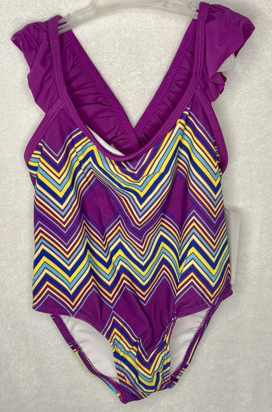 3T CUTE Girls Purple Chevron One-Piece Bathing Suit Ruffles, Keyhole Back